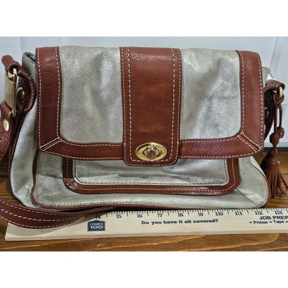 VTG Y2K Boho Chic Hobo SAK Metallic Gold Brown Leather Shoulder Bag Tassel